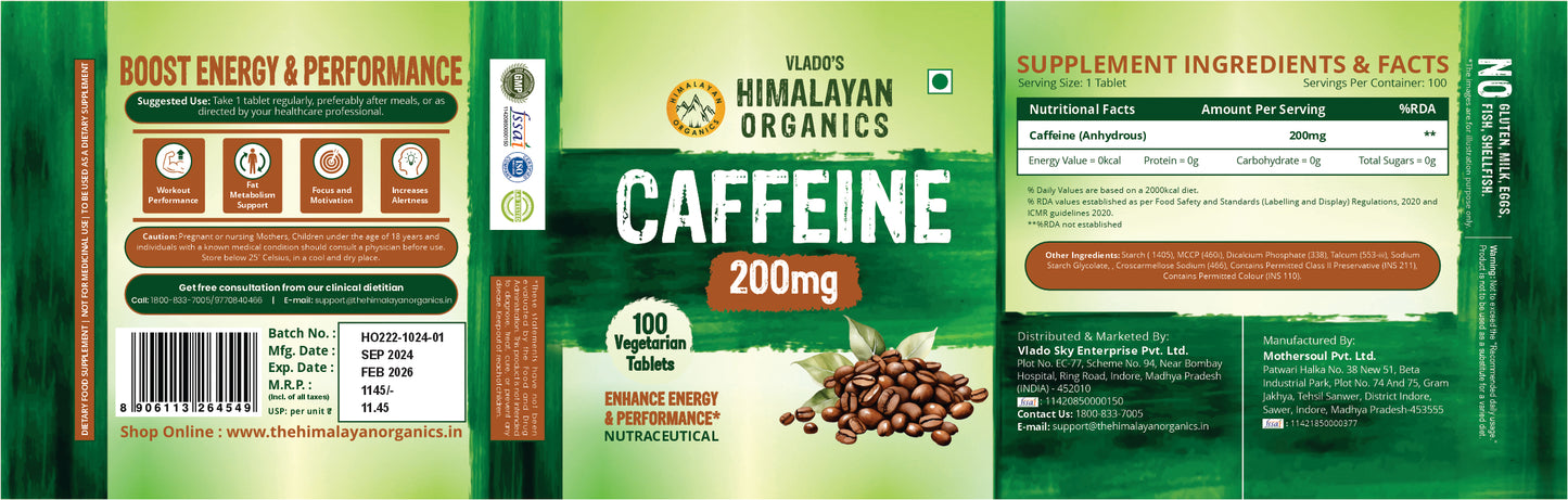 Vlado's Himalayan Organics Caffeine 200mg | Enhance Energy Metabolism | Fat Metabolism Support - 100 Veg Tablets