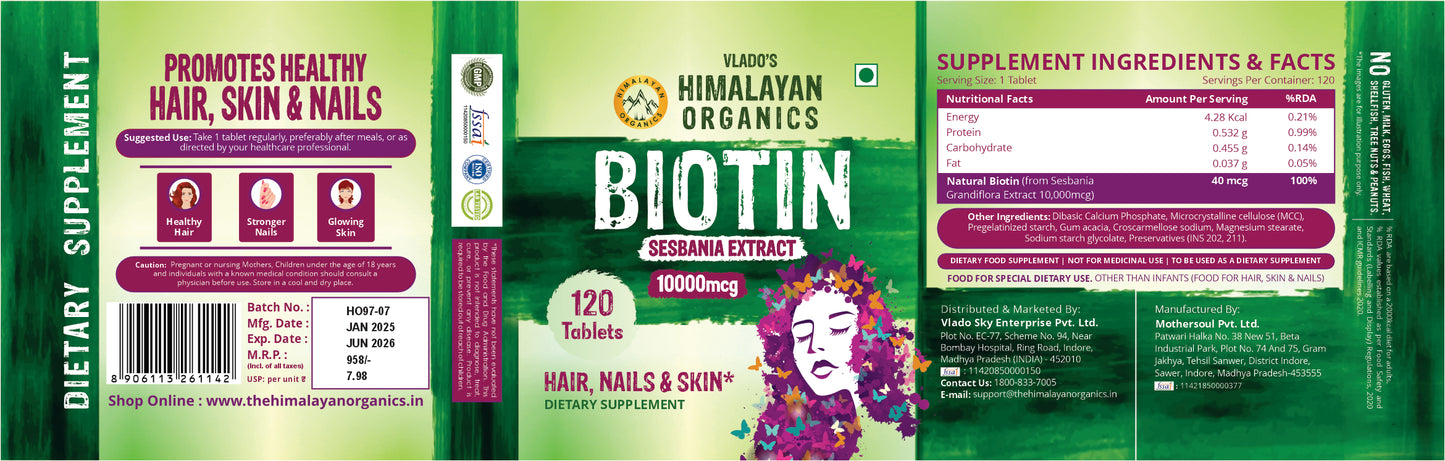 Vlado's Himalayan Organics Biotin 10,000 mcg for Hair Growth - 120 Tablets