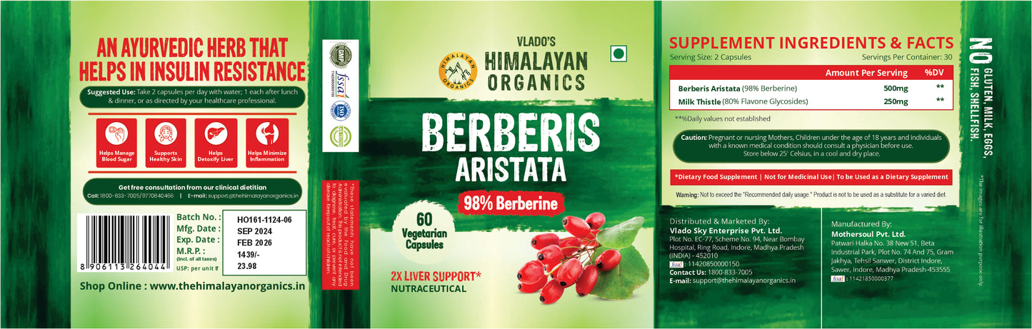 Vlado's Himalayan Organics Berberis Aristata Berberine 98% with Milk Thistle for 2X Liver Support - 60 Veg Capsules