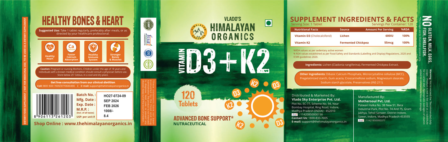 Vlado's Himalayan Organics Vitamin D3 600 IU + K2 as MK7 Supplement | Supports Stronger Immunity & Bone & Heart Health | Healthy Heart For Men And Women - 120 Veg Tablets