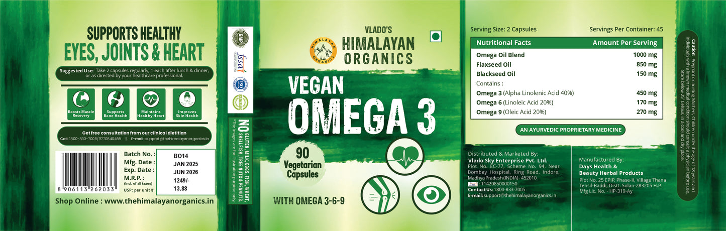 Vlado's Himalayan Organics Omega 3 6 9 Vegan Natural Nutrition Supplement for Muscle, Bone , Heart & Skin - 90 Capsules