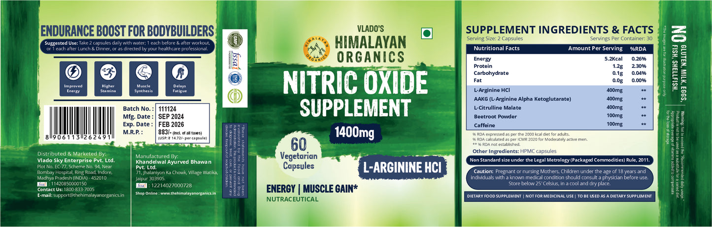 Vlado's Himalayan Organics Nitric Oxide 1400mg With L-Arginine HCI Caffeine Supplement | Good For Muscle Growth, Stamina, Recovery, Immune Booster & Energy- 60 Veg Capsules