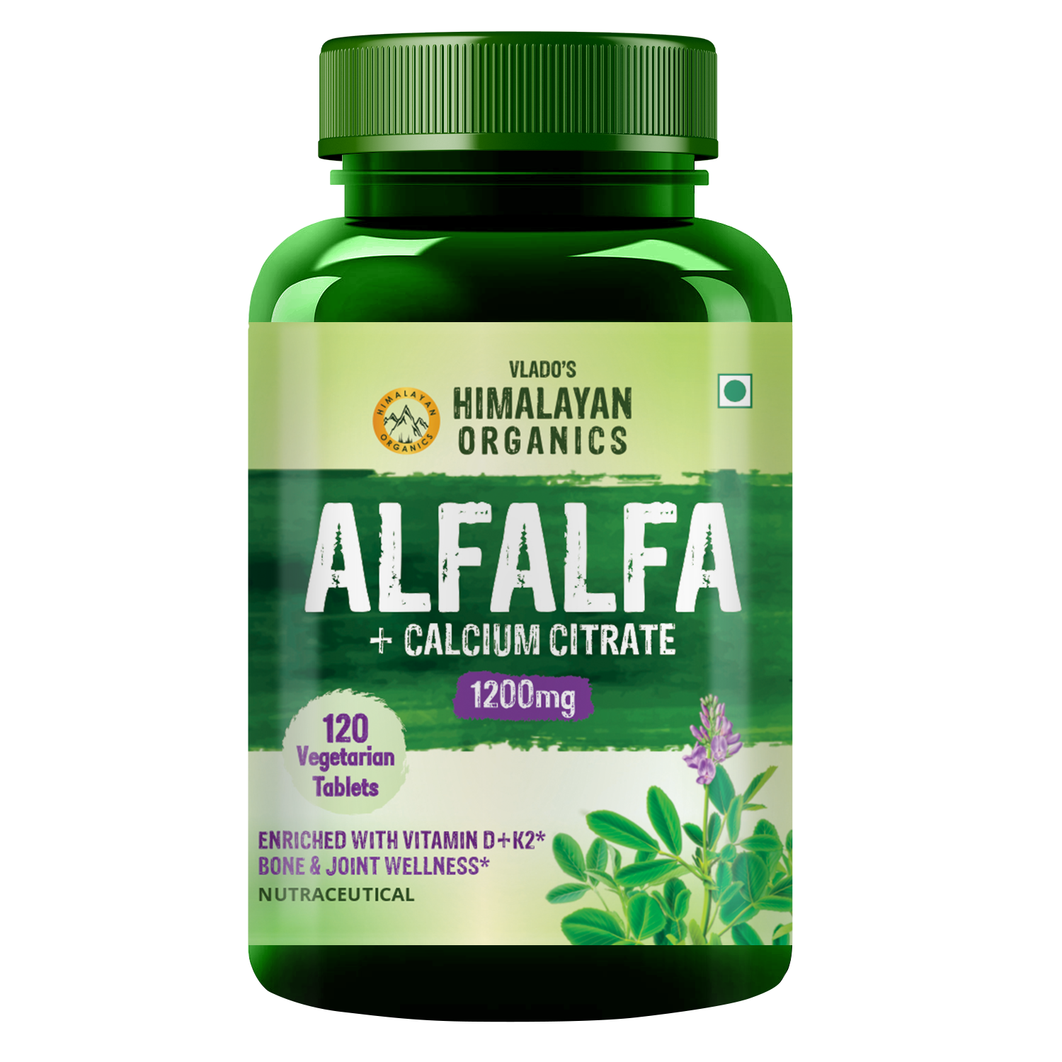 Vlado's Himalayan Organics Alfalfa Calcium Citrate Malate 1200mg with Vitamin D, k2, Mk7, B12, Zinc & Magnesium - 120 Veg Tablets