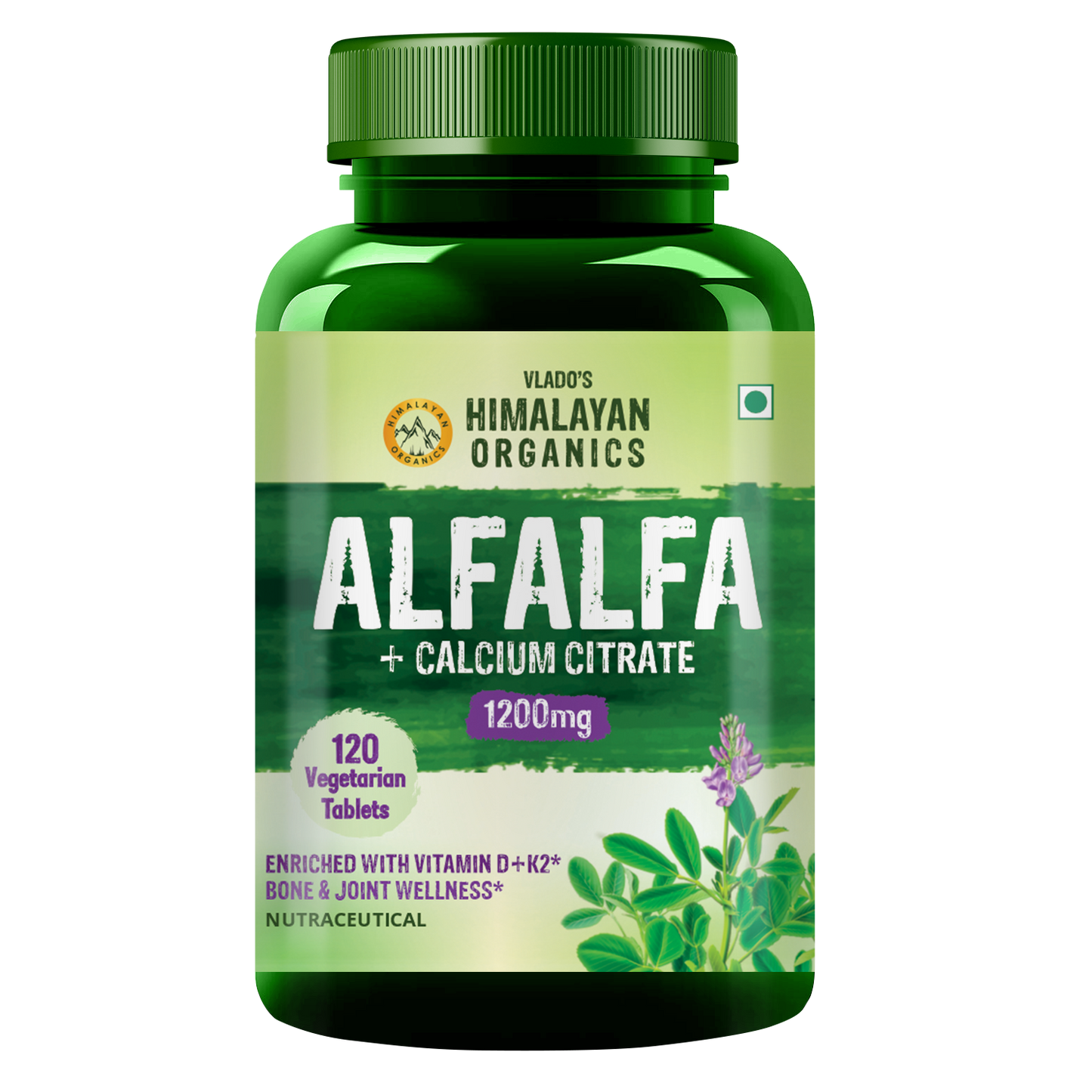 Vlado's Himalayan Organics Alfalfa Calcium Citrate Malate 1200mg with Vitamin D, k2, Mk7, B12, Zinc & Magnesium - 120 Veg Tablets