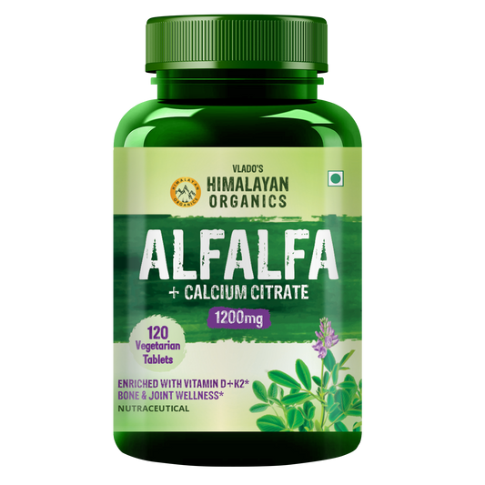 Vlado's Himalayan Organics Alfalfa Calcium Citrate Malate 1200mg with Vitamin D, k2, Mk7, B12, Zinc & Magnesium - 120 Veg Tablets