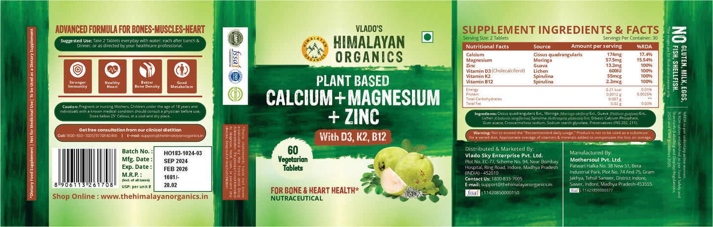 Vlado's Himalayan Organics Plant Based Calcium Magnesium + Zinc | Vitamin D3+k2 Supplement For Stronger Bones | Boost Immunity | Healthy Heart | Muscle Growth - 60Veg Tablets