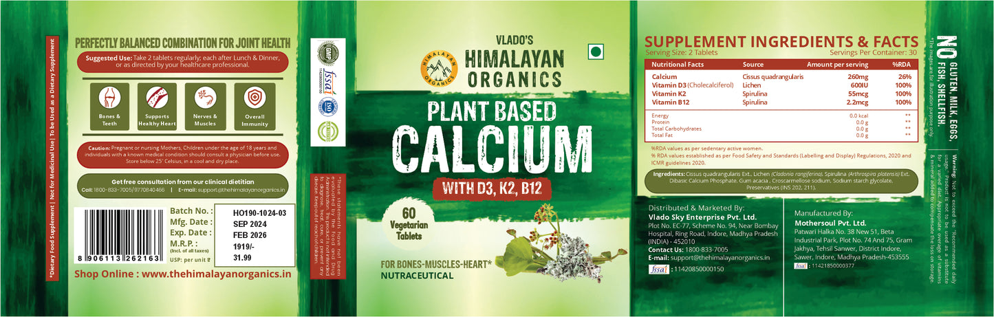 Vlado's Himalayan Organics Plant Based Calcium 650mg Supplement For Better Absorption | Healthy Bones And Heart | Recovery And Joint Support  - 60 Veg Tablets