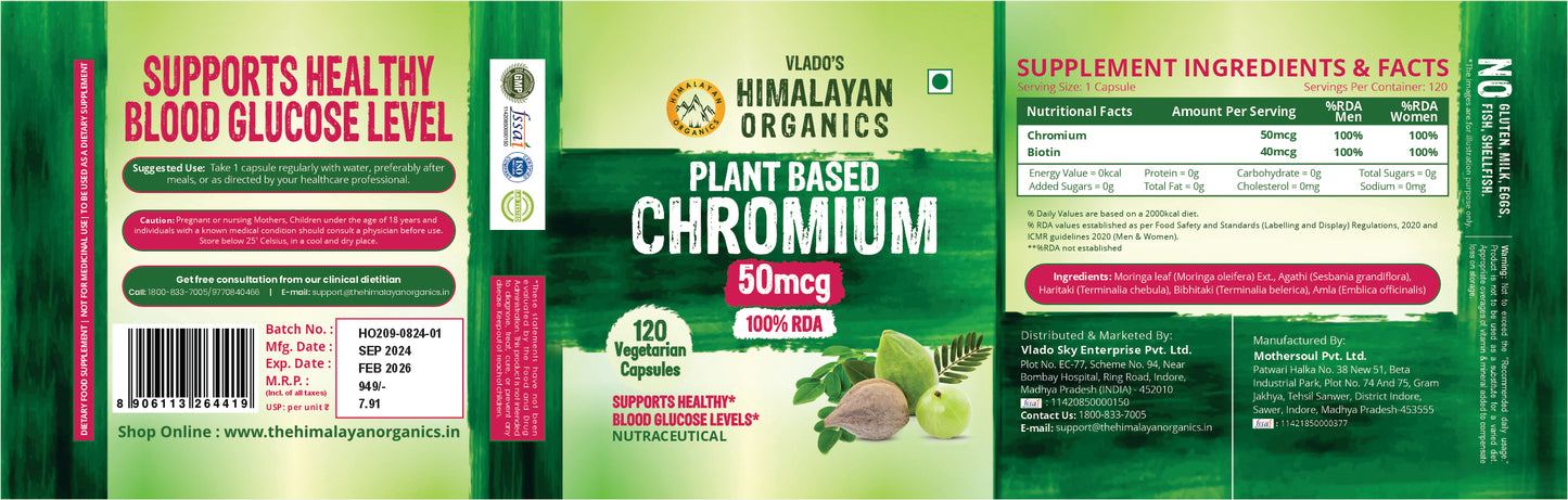 Vlado's Himalayan Organics Plant Based Chromium 50mcg | Supports Healthy Blood Glucose Level - 120 Veg Capsule