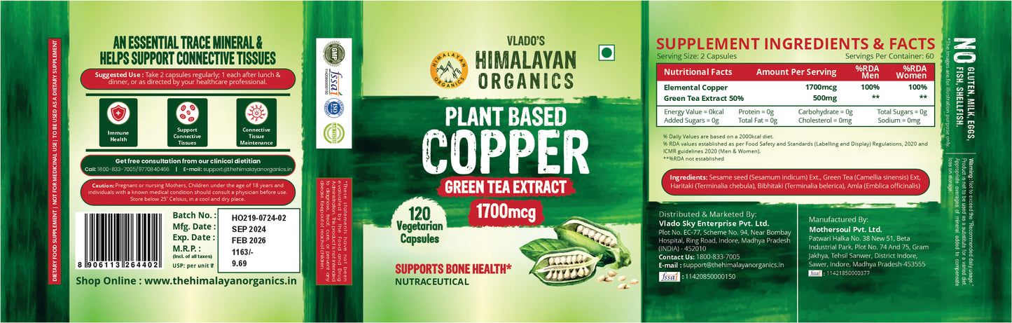 Vlado's Himalayan Organics Plant Based Copper 1700mcg with Green Tea Extract | Support Connective Tissues | Good For Bone Health - 120 Veg Capsules