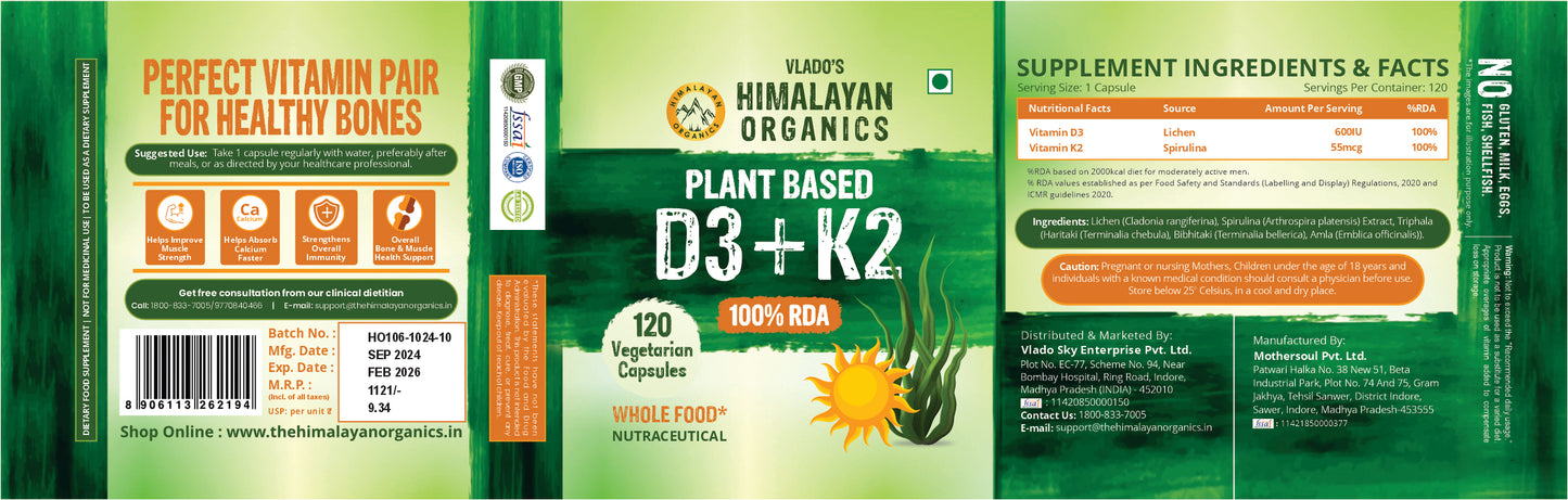 Vlado's Himalayan Organics Plant Based 600iU Supplement | Vitamin D3(Lichen) + K2(Menaquinone Mk7) | Faster Absorption | Boost Immunity | Healthy Bones -120 Veg Capsules