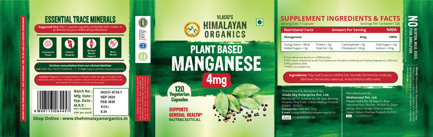 Vlado's Himalayan Organics Plant Based Manganese 4mg Supplement | Trace Mineral Supplement for Connective Tissue and Bones | Good For Skeletal Health Support - 120 Veg Capsules