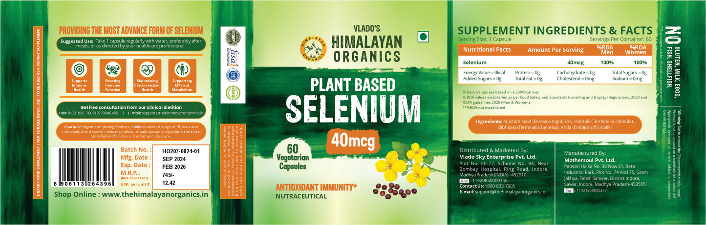 Vlado's Himalayan Organics Plant Based Selenium 40mcg | Good For immune Support | Promote Heart Health And Cardiovascular System - 60 veg Capsules