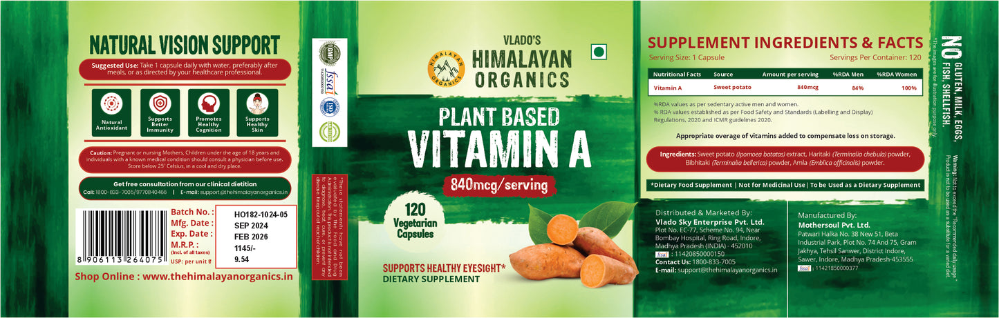 Vlado's Himalayan Organics Plant-Based Vitamin A Supplement Supports Healthy Eye Sight | Natural Anti-Oxidant (120 Capsules)