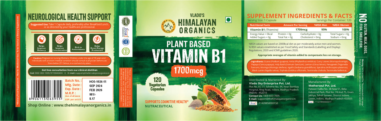 Vlado's Himalayan Organics Plant-Based Vitamin B1 | Rich in Antioxidants | Supports Memory And Energy (120 Capsules)