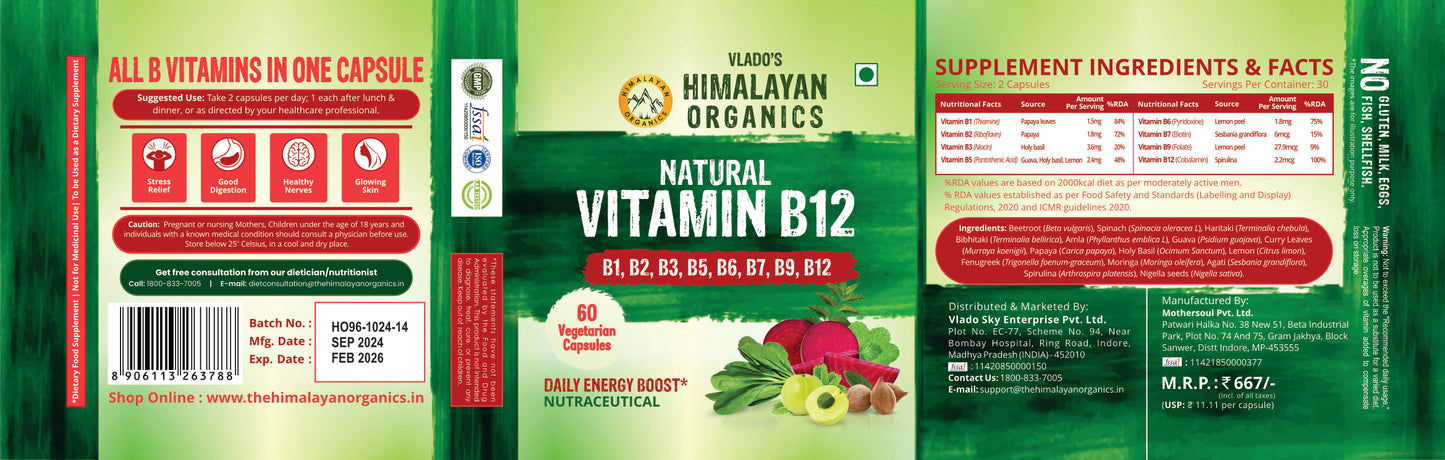 Vlado's Himalayan Organics Plant Based Vitamin B12 Natural- 60 Veg Capsules