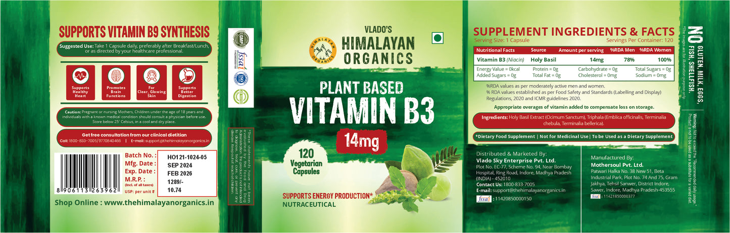 Vlado's Himalayan Organics Plant-Based Vitamin B3 | Supports Healthy Skin and Heart 120 Capsules