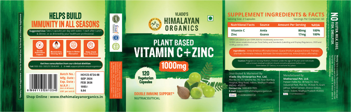 Vlado's Himalayan Organics Plant Based Vitamin C with Zinc (120 Capsules) As Amla Extract - Glowing Skin & Immunity