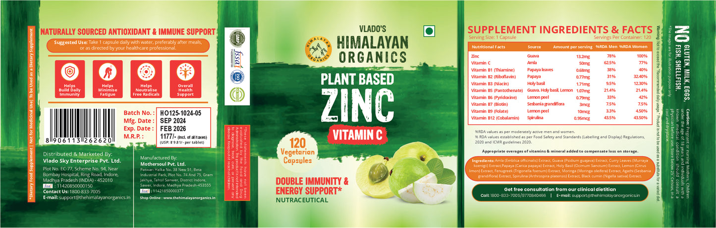 Vlado's Himalayan Organics Plant Based Zinc with Vitamin C | Builds Immunity & Anti Inflammation | Acne Support | 120 Veg Capsules