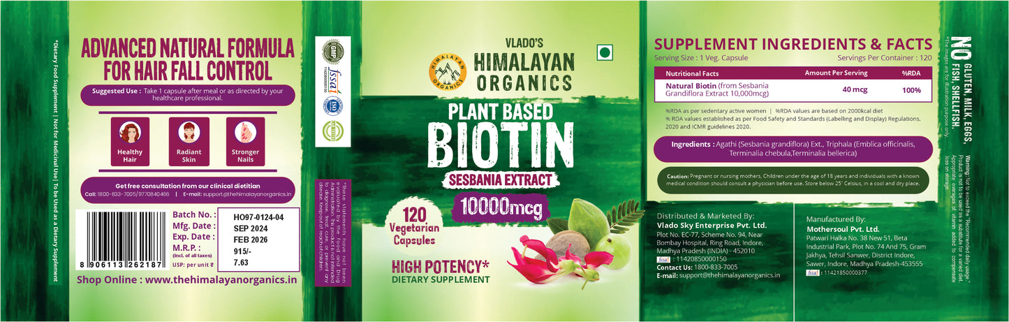 Vlado's Himalayan Organics Plant Based Biotin 10000 mcg for Hair Growth - 120 Veg Capsules