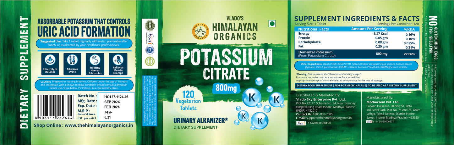 Vlado's Himalayan Organics Potassium Citrate 800mg | Supports Nerve & Muscle Health - 120 Veg Tablets