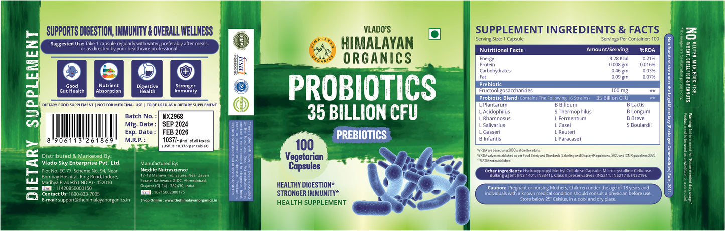 Vlado's Himalayan Organics Probiotics Supplement 35 Billion CFU for women & men, 16 Strains with Prebiotics - 100 Veg Capsules