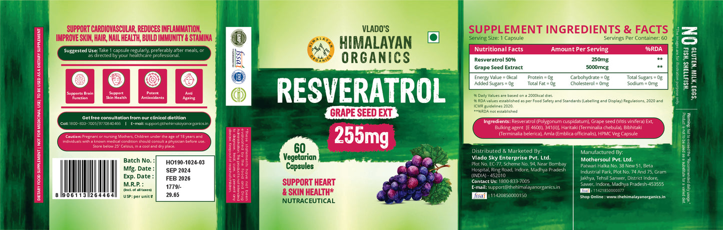 Vlado's Himalayan Organics Resveratrol 255mg with Grape Seed Extract Supplement | Support Heart And Skin Health | Powerful Anti-oxidant for Anti-Ageing - 60 Veg Capsules