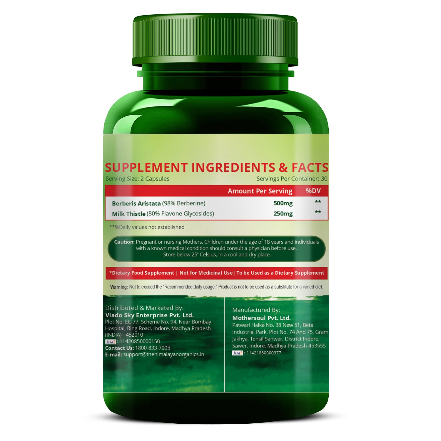 Vlado's Himalayan Organics Berberis Aristata Berberine 98% with Milk Thistle for 2X Liver Support - 60 Veg Capsules