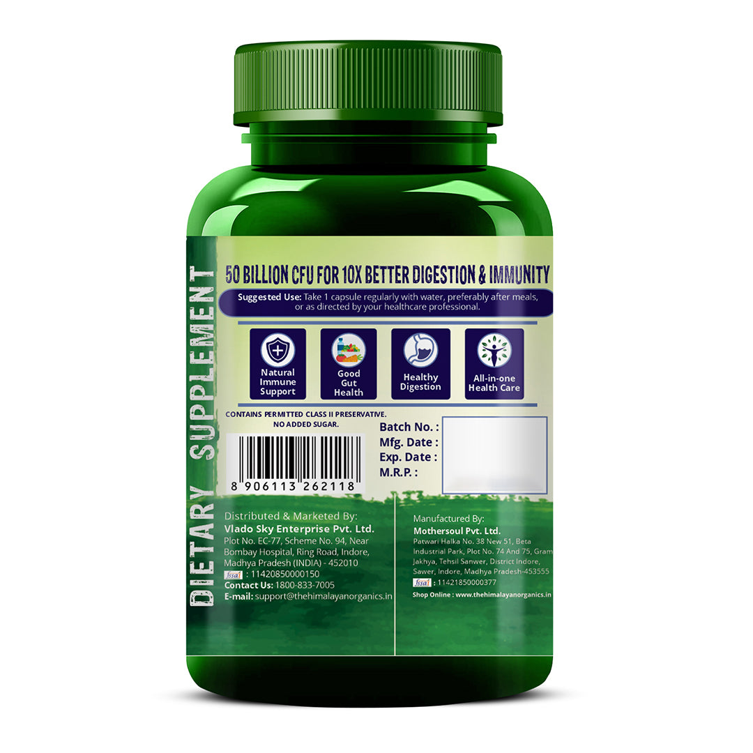 Vlado's Himalayan Organics Probiotics Supplement 50 billion CFU with Prebiotics 150mg for Digestion, Gut Health & Immunity - 60 Veg Capsules