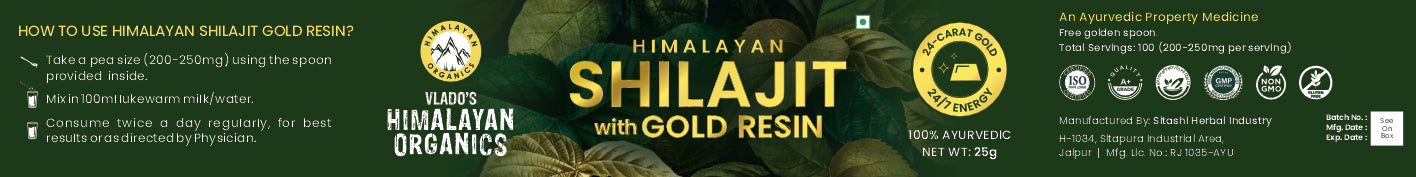 Vlado's Himalayan Organics Shilajit Gold Resin - 25g | Contains 24 Carat Gold | 100% Ayurvedic | Pure and Natural Shilajeet | Helps to Boost Immunity, Energy, Strength, Stamina, and Overall Health - 25G