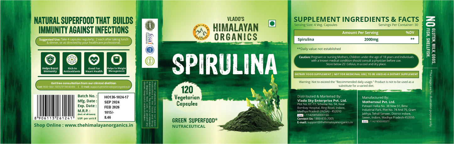 Vlado's Himalayan Organics Spirulina 2000mg Supplement For Men And Women  - 120 Veg Capsules