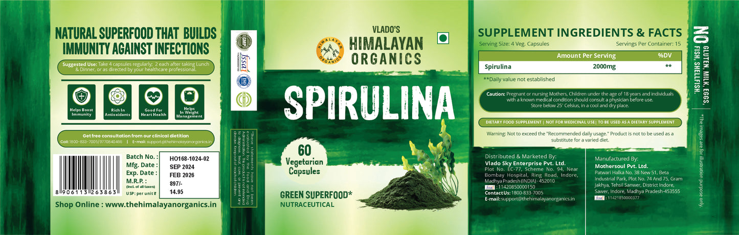 Vlado's Himalayan Organics Spirulina 2000mg Supplement | Green Food For Good Health Weight Management And Immunity Booster | Helps In Healthy Heart - 60 Veg Capsules