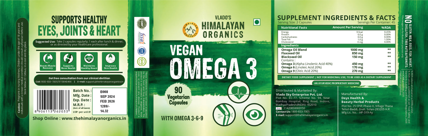 Vlado's Himalayan Organics Omega 3 6 9 Vegan Natural Nutrition Supplement for Muscle, Bone , Heart & Skin - 90 Capsules