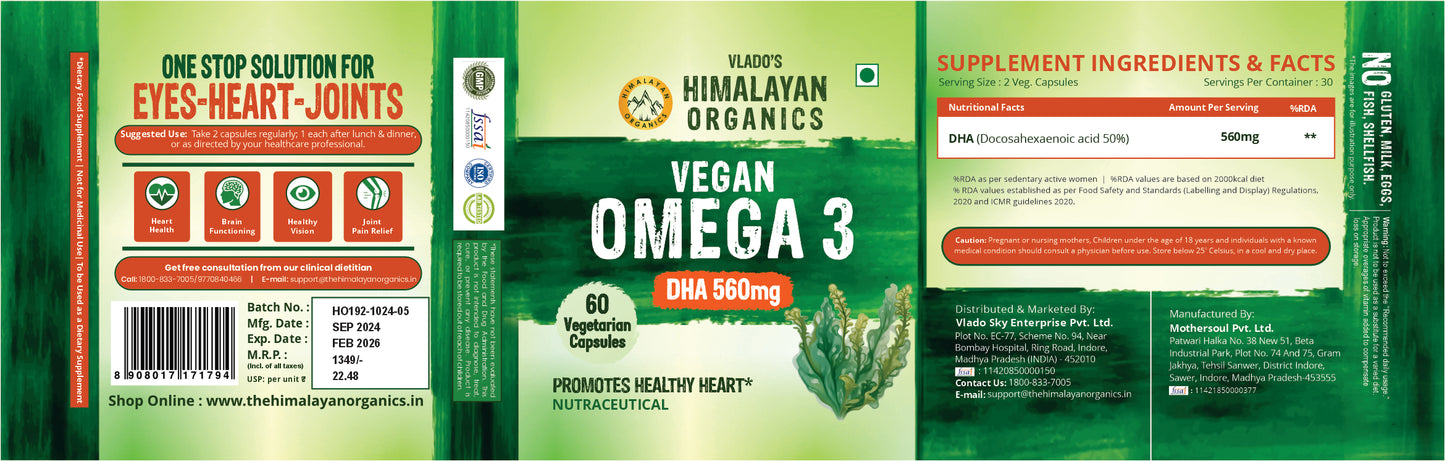 Vlado's Himalayan Organics Vegan Omega 3 6 9 with DHA (560mg) for Healthy Heart, Joints & Eyes for Men & Women - 60 veg capsules