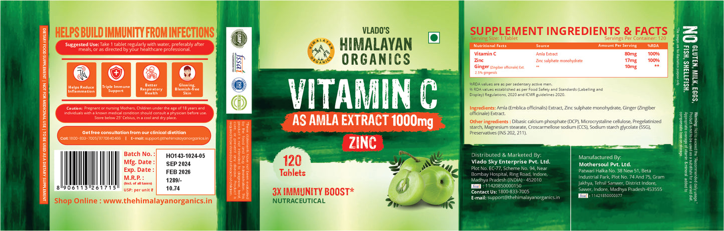 Vlado's Himalayan Organics Vitamin C 1000mg Tablets | Immunity, Antioxidant & Skin Care | 120 Veg Tabs