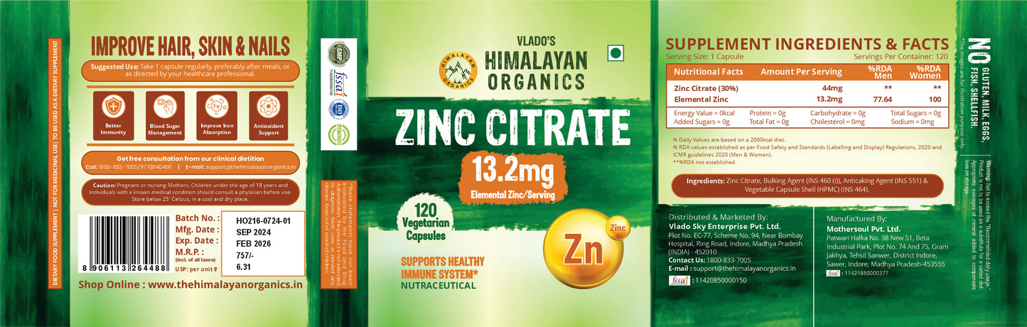 Vlado's Himalayan Organics  Zinc Citrate | Support Healthy Immune Function | Improve Iron Absorption | Antioxidant Support - 120 Veg Capsules